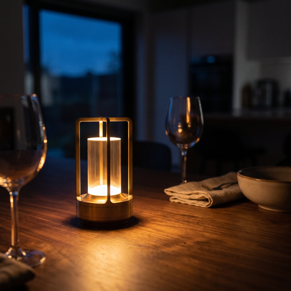 Cordless rechargeable table lamp glowing warm on a dark walnut dining table at night