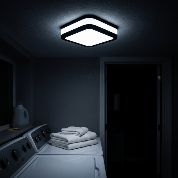 Square black flush mount ceiling light on daylight setting in a dark laundry room