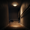 Square black flush mount ceiling light on warm white above a dark upstairs landing
