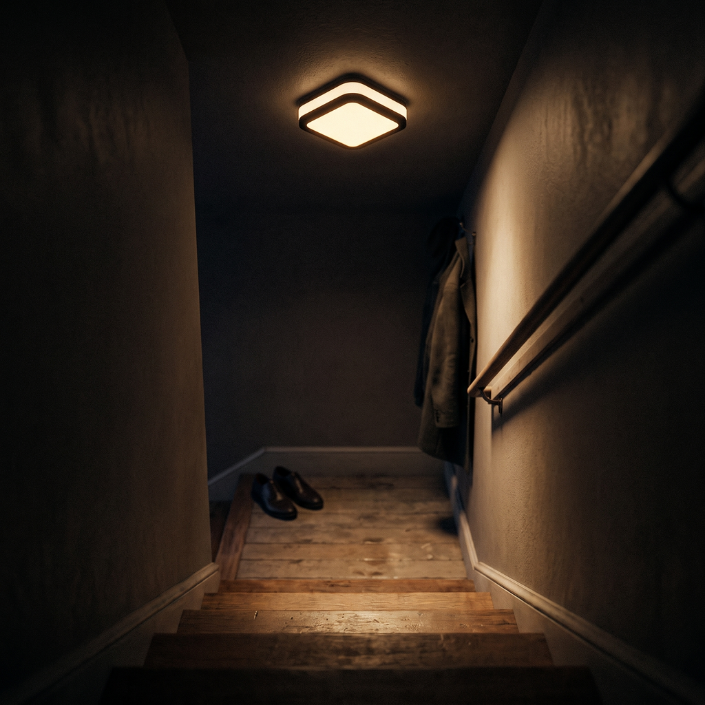 Square black flush mount ceiling light on warm white above a dark upstairs landing