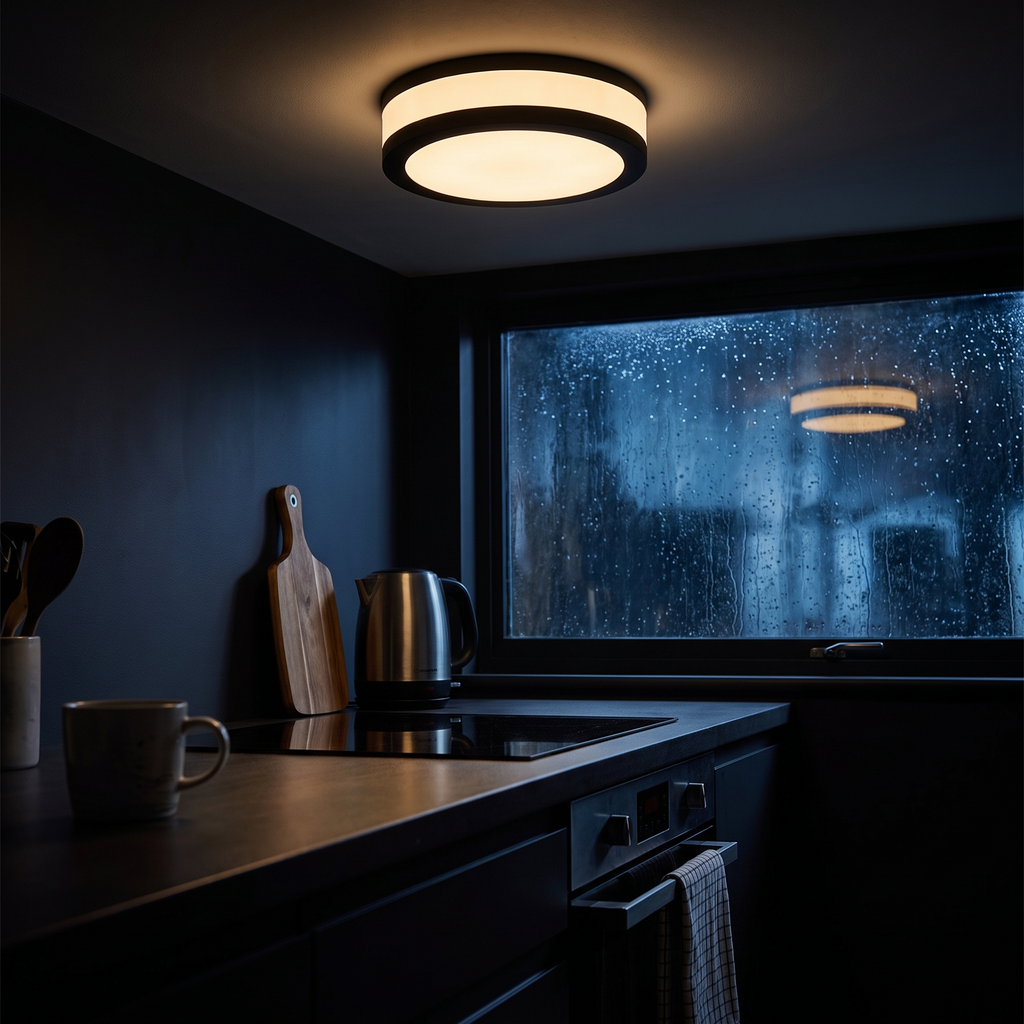 Round black flush mount ceiling light lit over a kitchen worktop with rain on the dark window