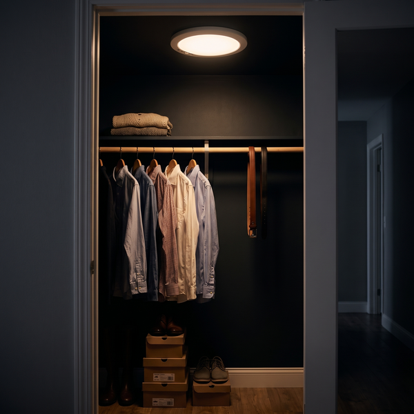 Motion sensor ceiling light switched on in a dark walk-in closet, lighting hanging shirts below