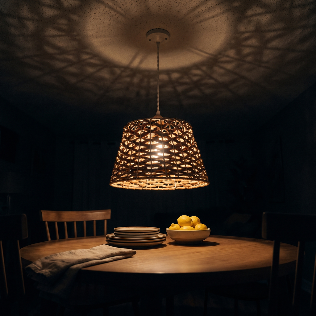 Wide 15 inch rattan pendant light lit above a round dining table at night