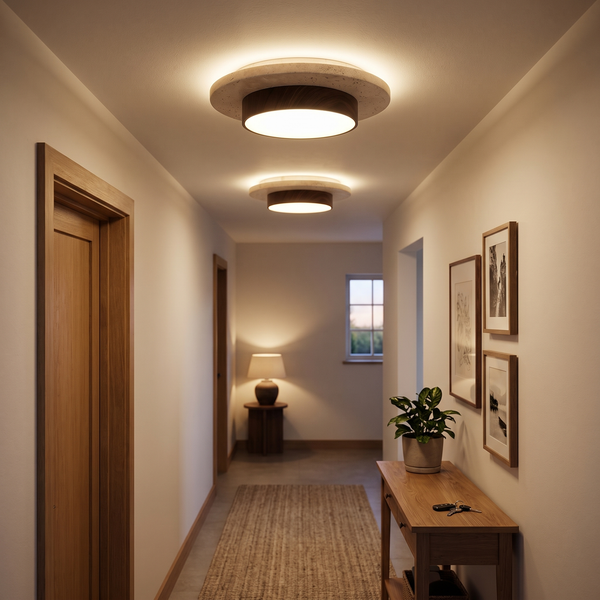 Two walnut tone travertine flush mount ceiling lights lit along a corridor