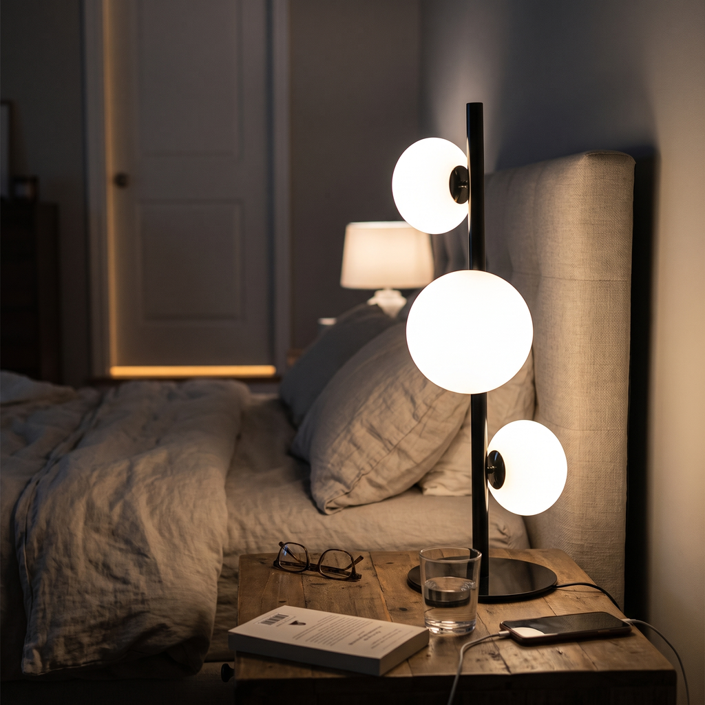 Black and white three-shade vintage table lamp lit on a bedside table