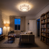 Large white crystal ceiling light recessed into a living room ceiling