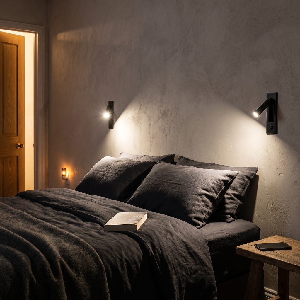 Pair of matte black recessed wall reading lights either side of a bed