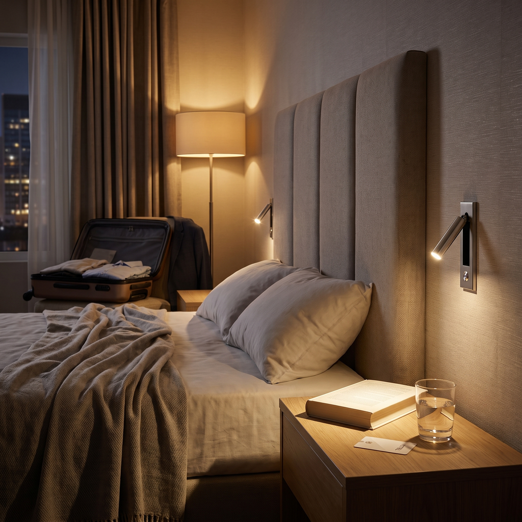Sand nickel recessed wall reading lights beside a headboard in the evening