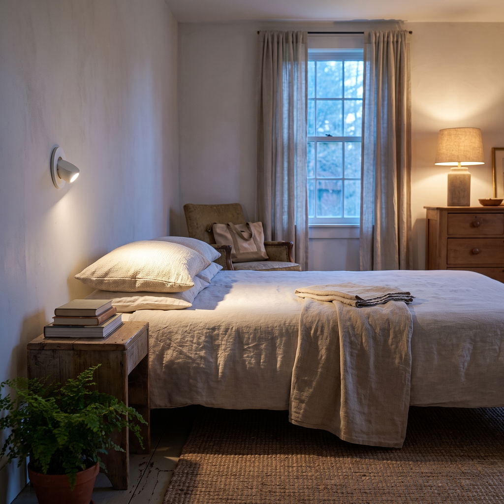 Round white adjustable wall reading light beside a guest room bed