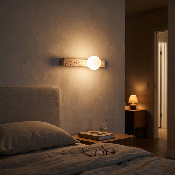 Travertine up and down wall sconce Type A mounted above a bedroom headboard