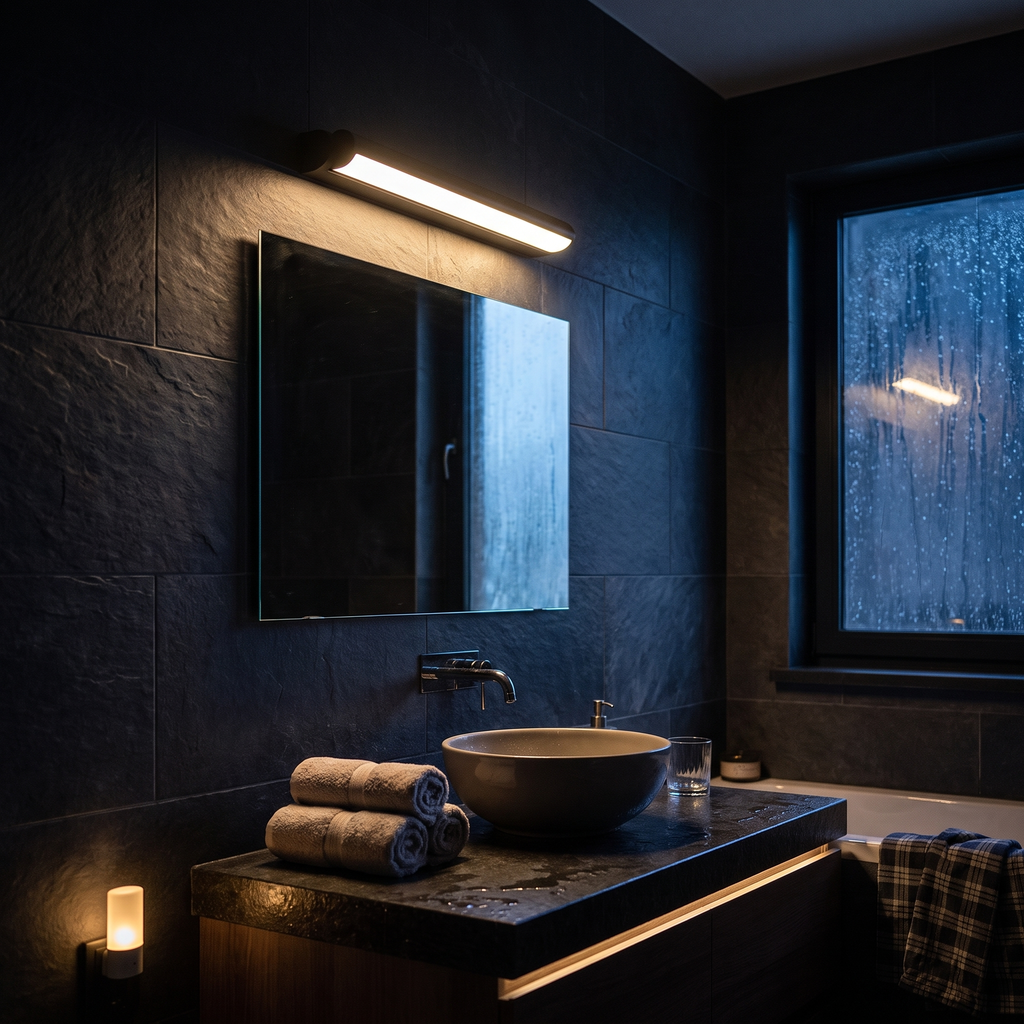Rotatable LED vanity light bar in sand black lit at warm 3000K in a slate bathroom