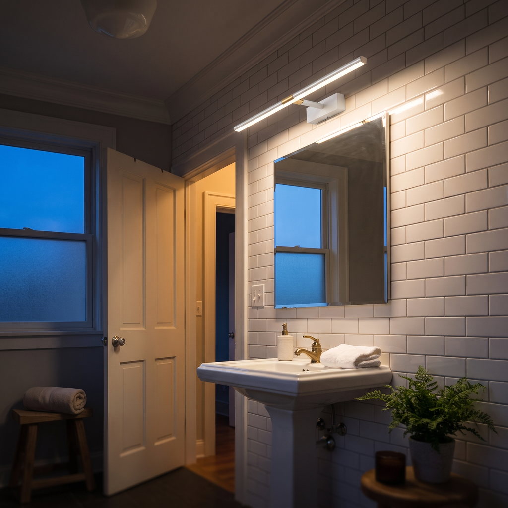 Retractable LED bathroom vanity light on an extended rod above a guest bathroom mirror