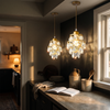 Two gold crystal mini pendant lights over a butler pantry counter at golden hour