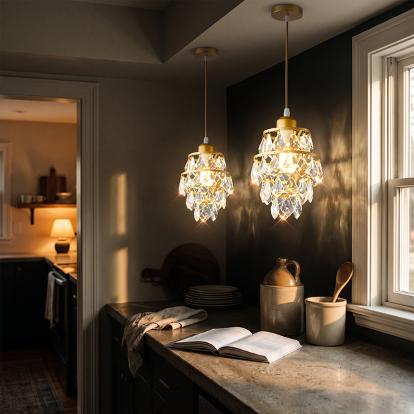 Two gold crystal mini pendant lights over a butler pantry counter at golden hour