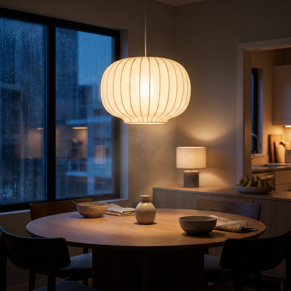 White silk drum chandelier lit warm 3000K above a round dining table on a rainy night