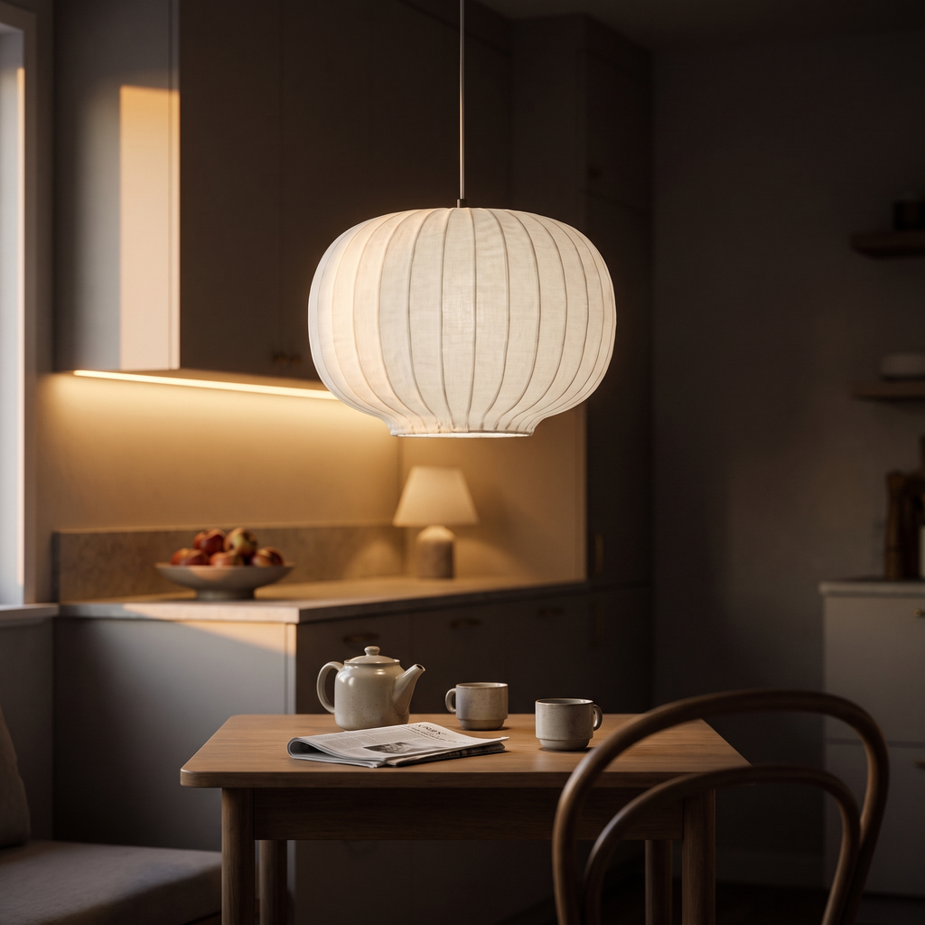 White silk drum chandelier lit neutral 4500K above a kitchen dining nook at golden hour