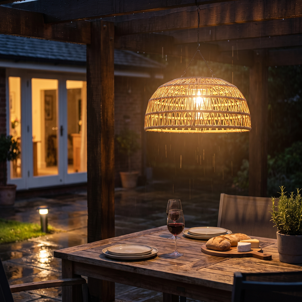 Woven solar pendant hanging from a pergola over an outdoor dining table in light rain