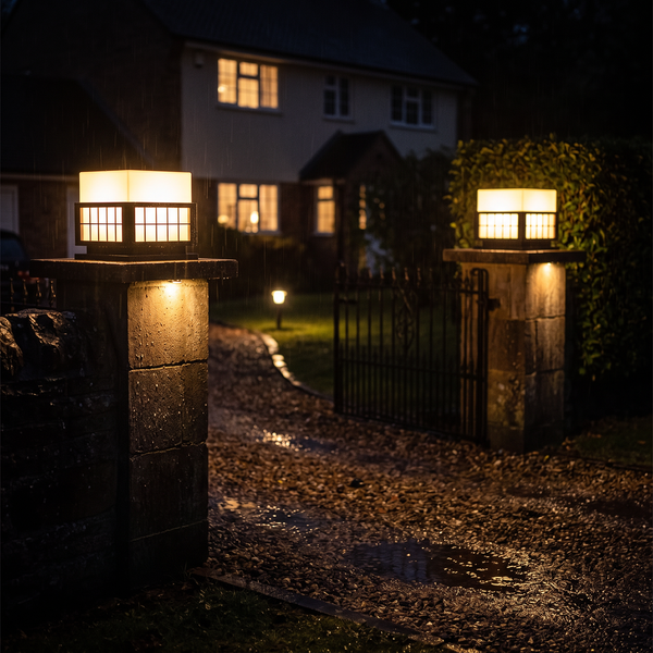Two modern steel pillar lights on driveway gate posts lit warm in the rain at night