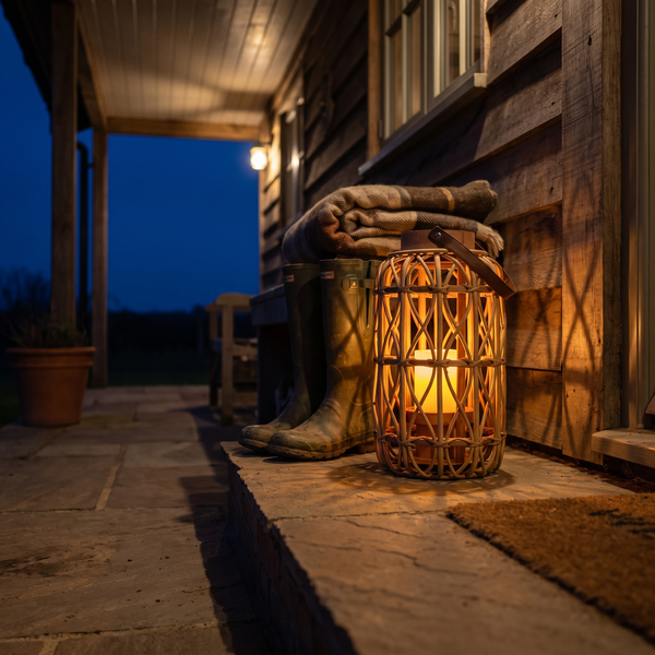 Tall woven rattan cordless lantern glowing on a covered porch step at blue hour