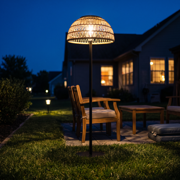 Tall woven solar garden floor lantern lit on a lawn beside patio chairs at blue hour