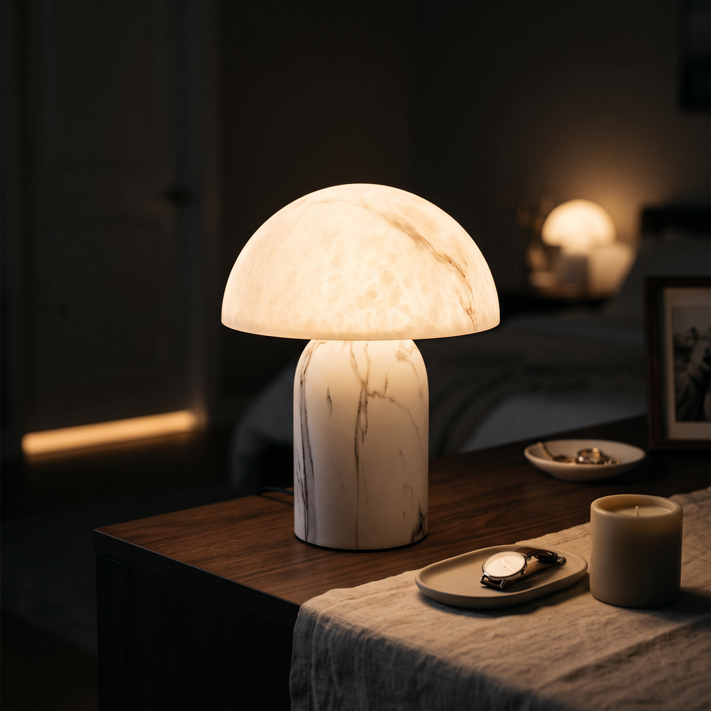 White stone-texture dome table lamp lit warm 3000K on a walnut bedroom dresser