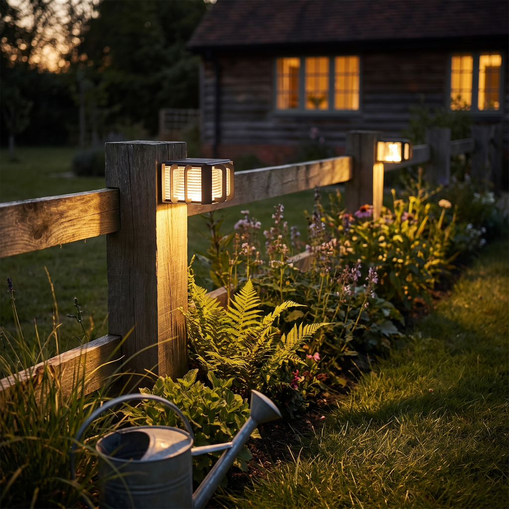 Solar powered square pillar light on a timber garden fence post at golden hour