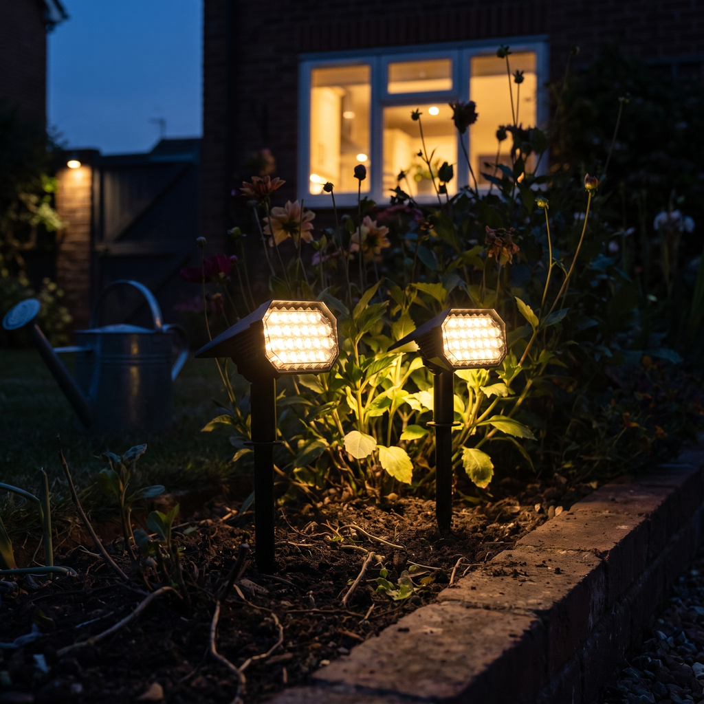 Pair of adjustable solar garden stake lights uplighting a flower bed at dusk