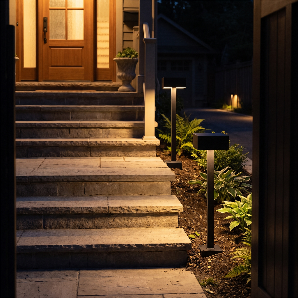Two bollard path lights flanking stone entrance steps at night
