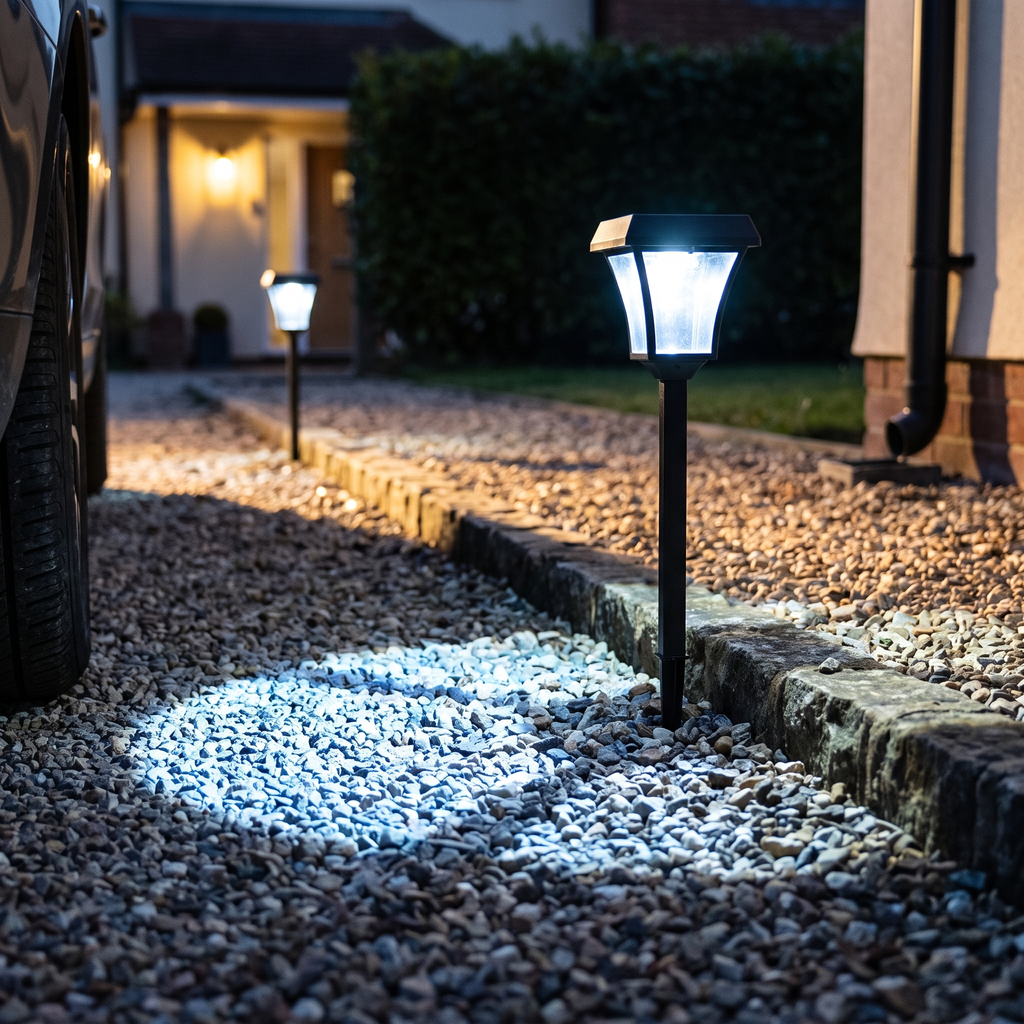 Tall solar path light on a gravel driveway edge in cool white at golden hour