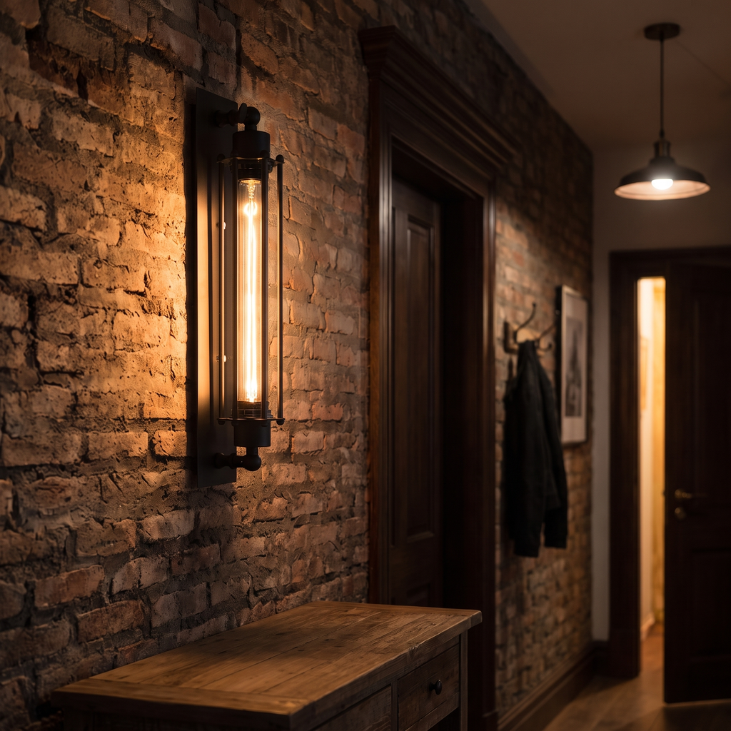 Vintage industrial iron wall sconce lighting an exposed brick hallway at night