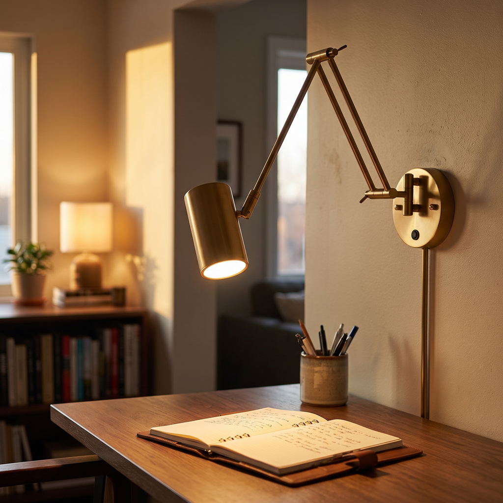Compact gold swing arm wall sconce over a writing desk at golden hour