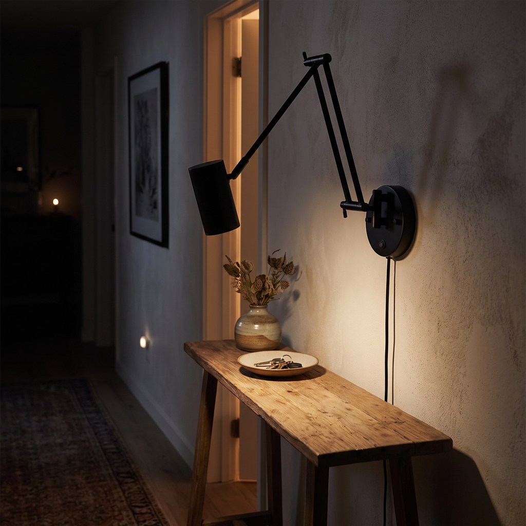 Compact black swing arm wall sconce over a hallway console table at night