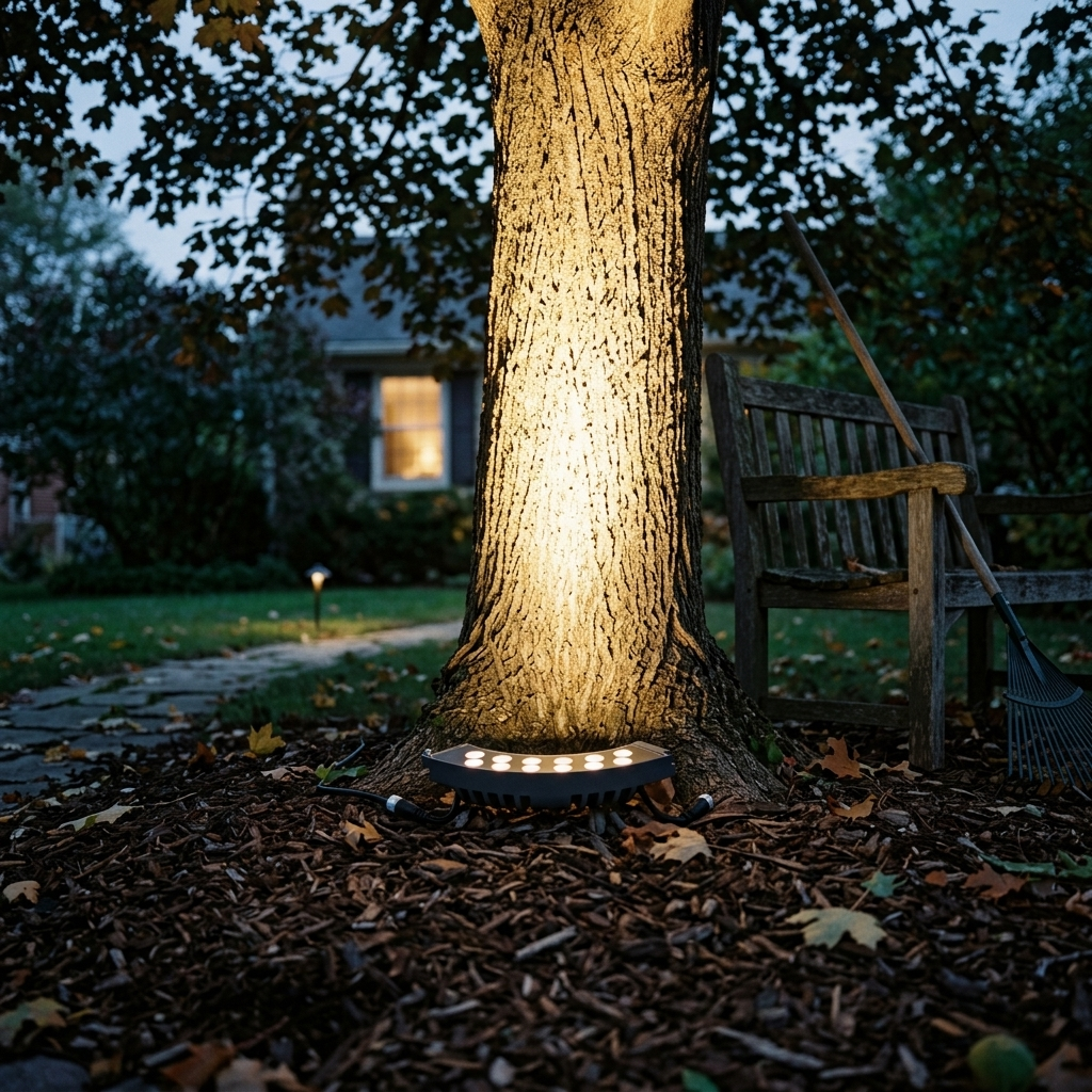 Arc LED uplight at the base of a maple tree throwing warm light up the trunk