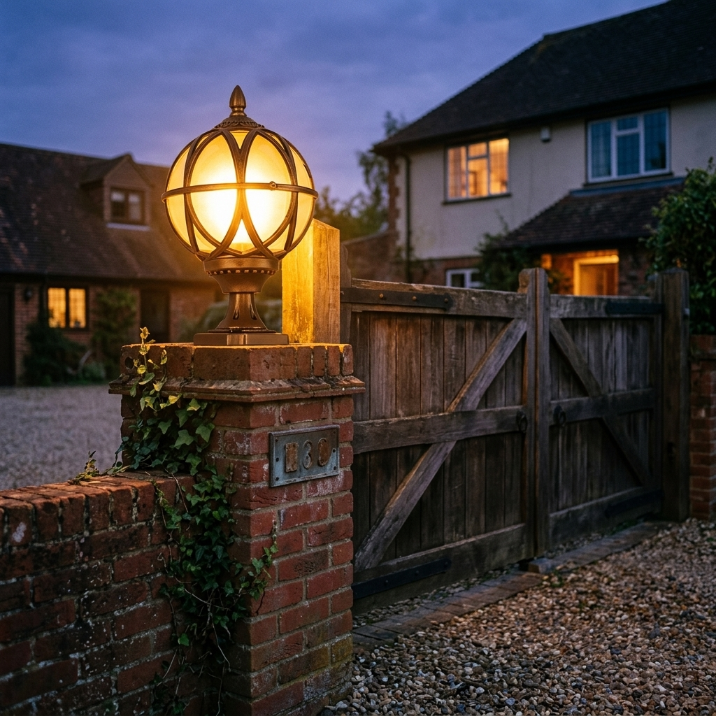 Bronze globe post light glowing on a brick pier beside a wooden gate at dusk