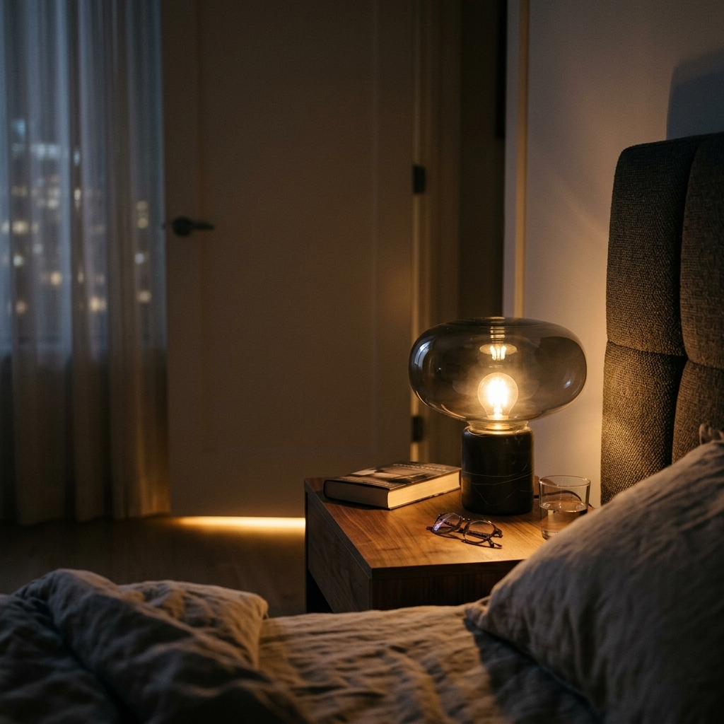 Smoky gray mushroom glass lamp on a marble base glowing on a walnut nightstand