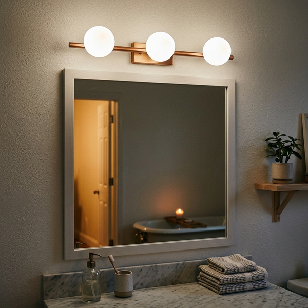 Copper vanity light bar with three milky glass globes glowing above a bathroom mirror