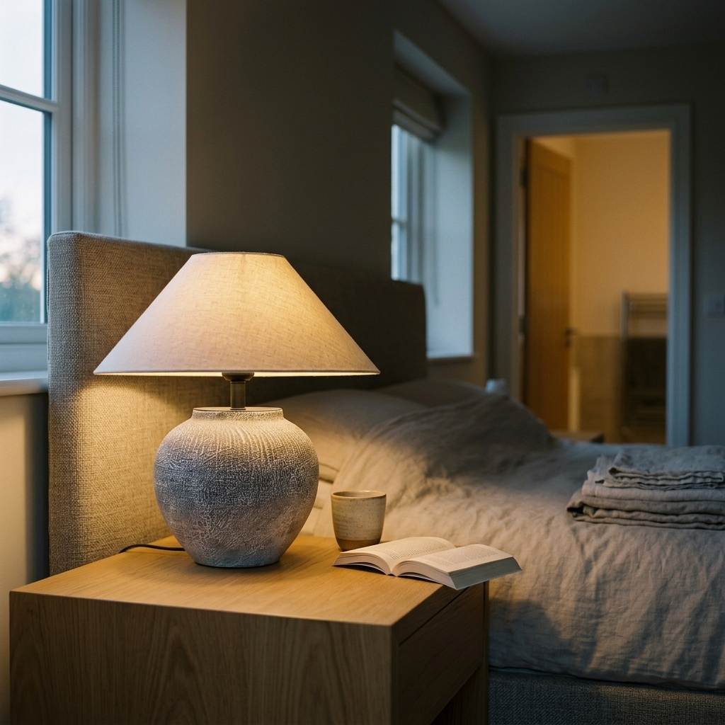 Wabi-sabi ceramic jar lamp with wide fabric shade glowing on an oak bedside table