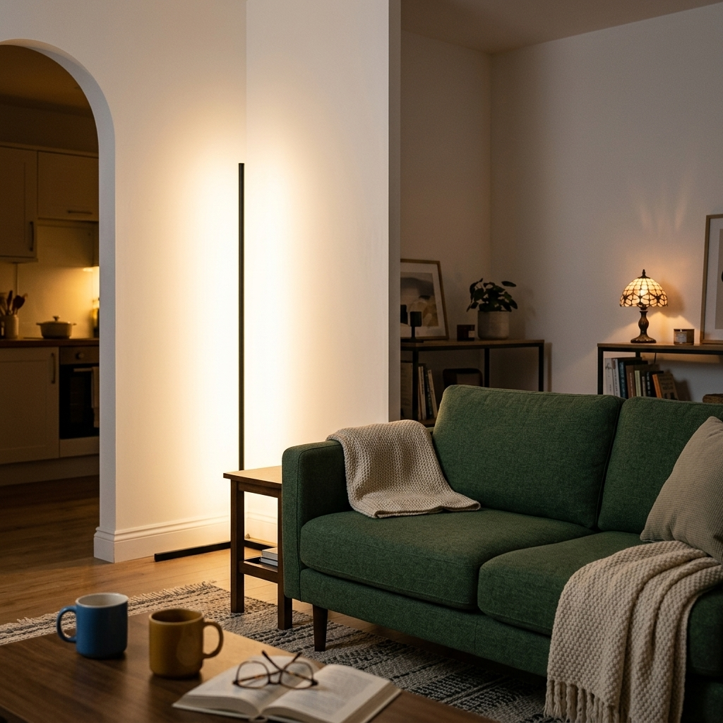 Slim corner floor lamp glowing warm white beside a green sofa