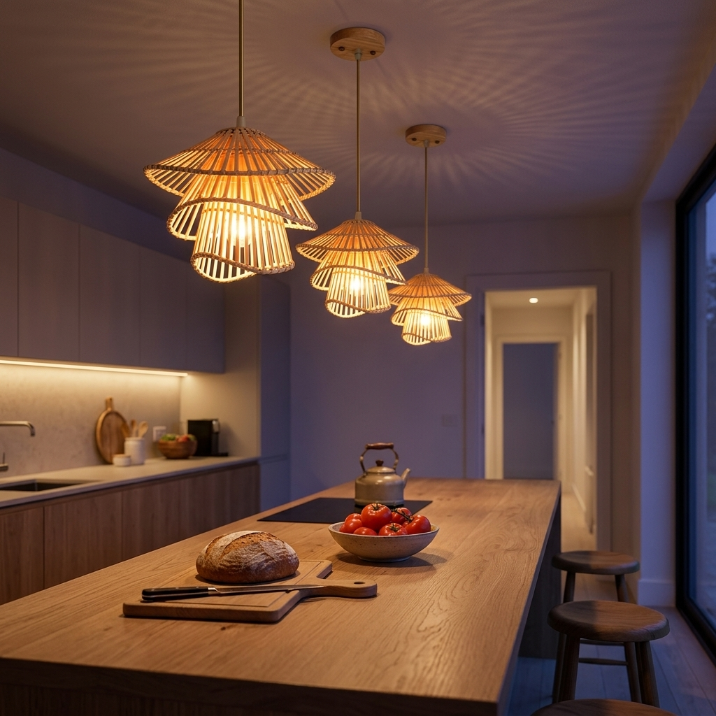Three small bamboo pendants in a row over a kitchen island at dusk