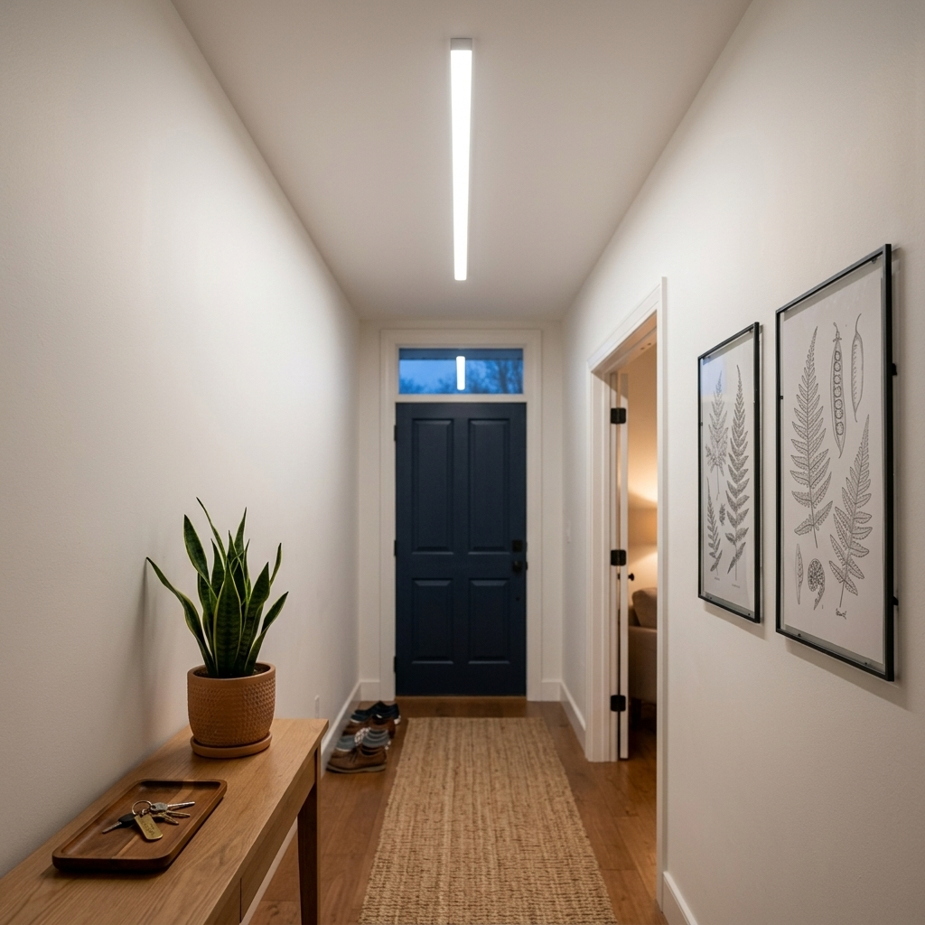 White linear LED ceiling bar lighting a hallway to the front door