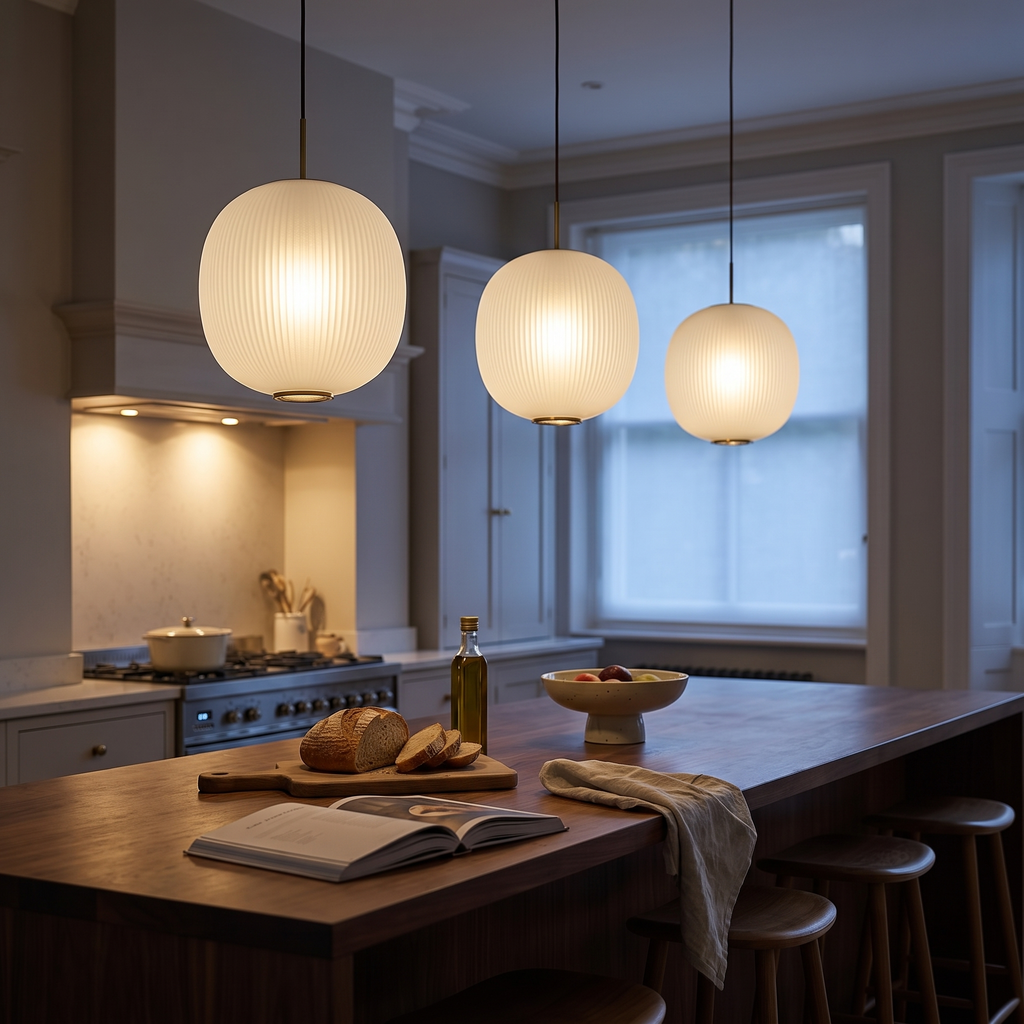 Three matte white globe pendant lights in a row over a walnut kitchen island