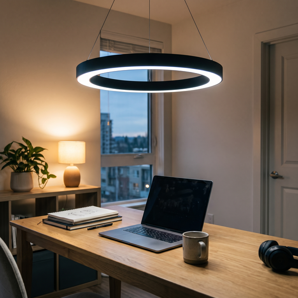 Black LED ring pendant light at 6000K over a home studio desk