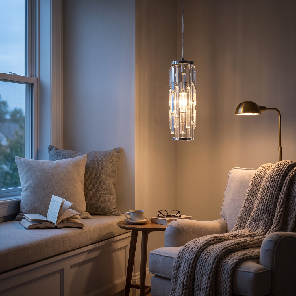 Single chrome crystal pendant lighting a reading nook armchair