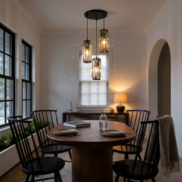Black 3-light crystal cluster chandelier at staggered heights over a round walnut dining table