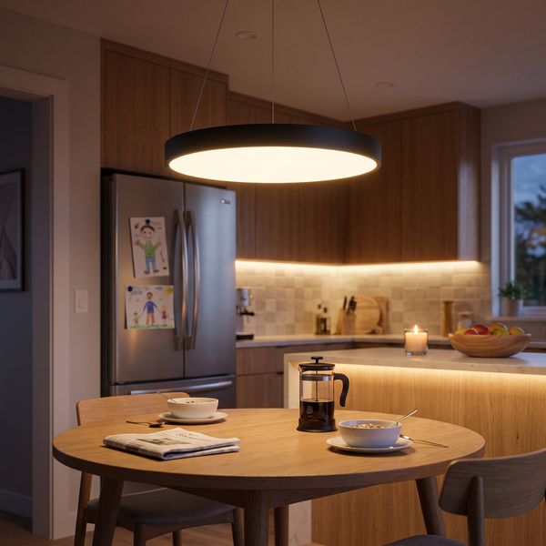 Round LED drum pendant dimmed warm over a round oak breakfast table