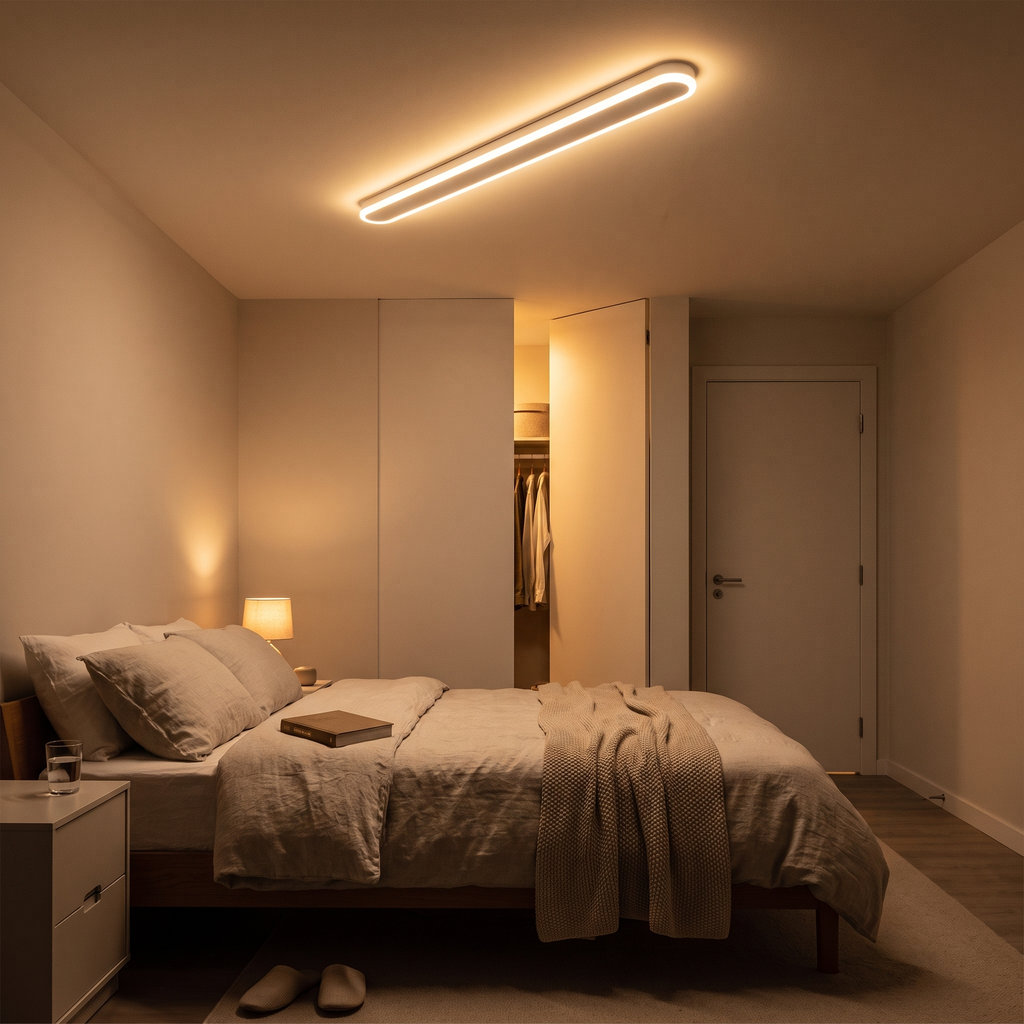 White slim linear LED ceiling bar flush mounted in a warm bedroom at 3000K
