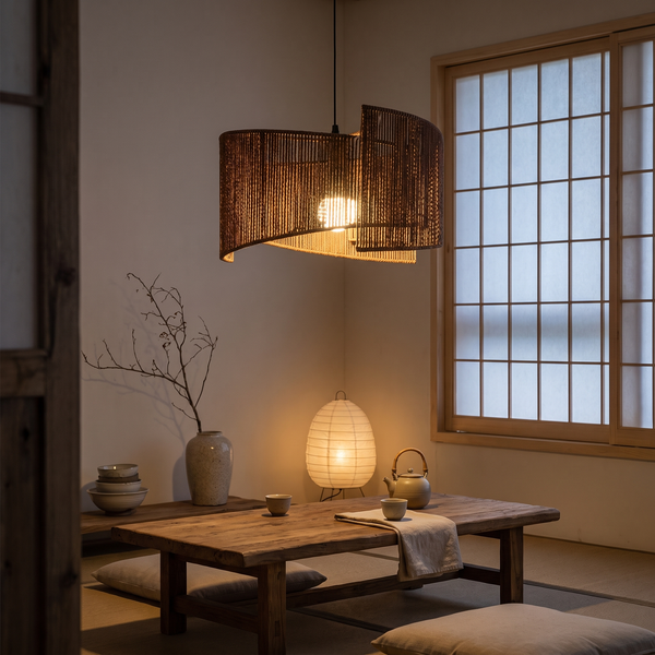 Coffee brown rattan woven pendant light over a low tea table in a wabi-sabi room