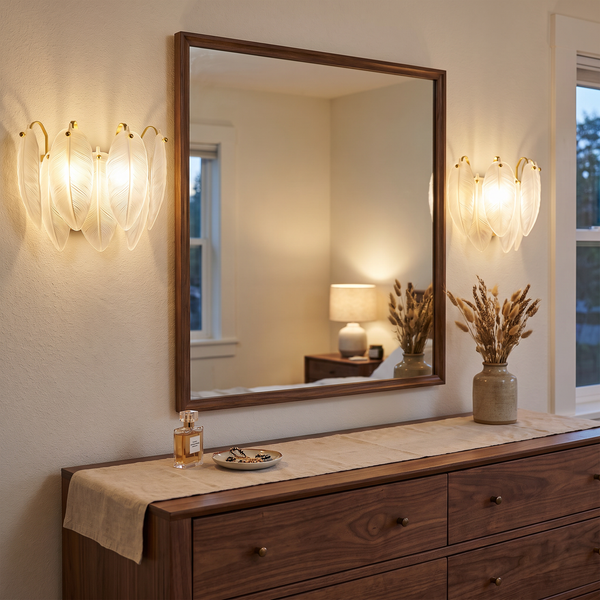 Pair of copper feather glass wall sconces flanking a bedroom mirror