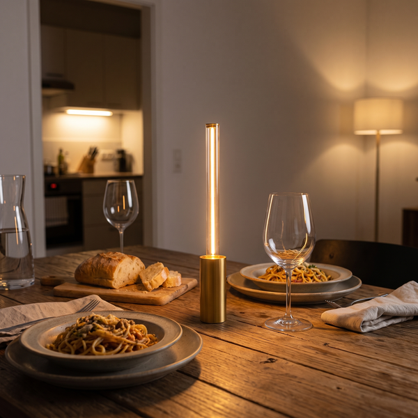 Gold rechargeable cordless table lamp glowing warm on a dinner table