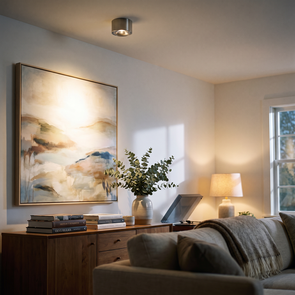 Adjustable LED surface mount spot light aimed at wall art, warm white